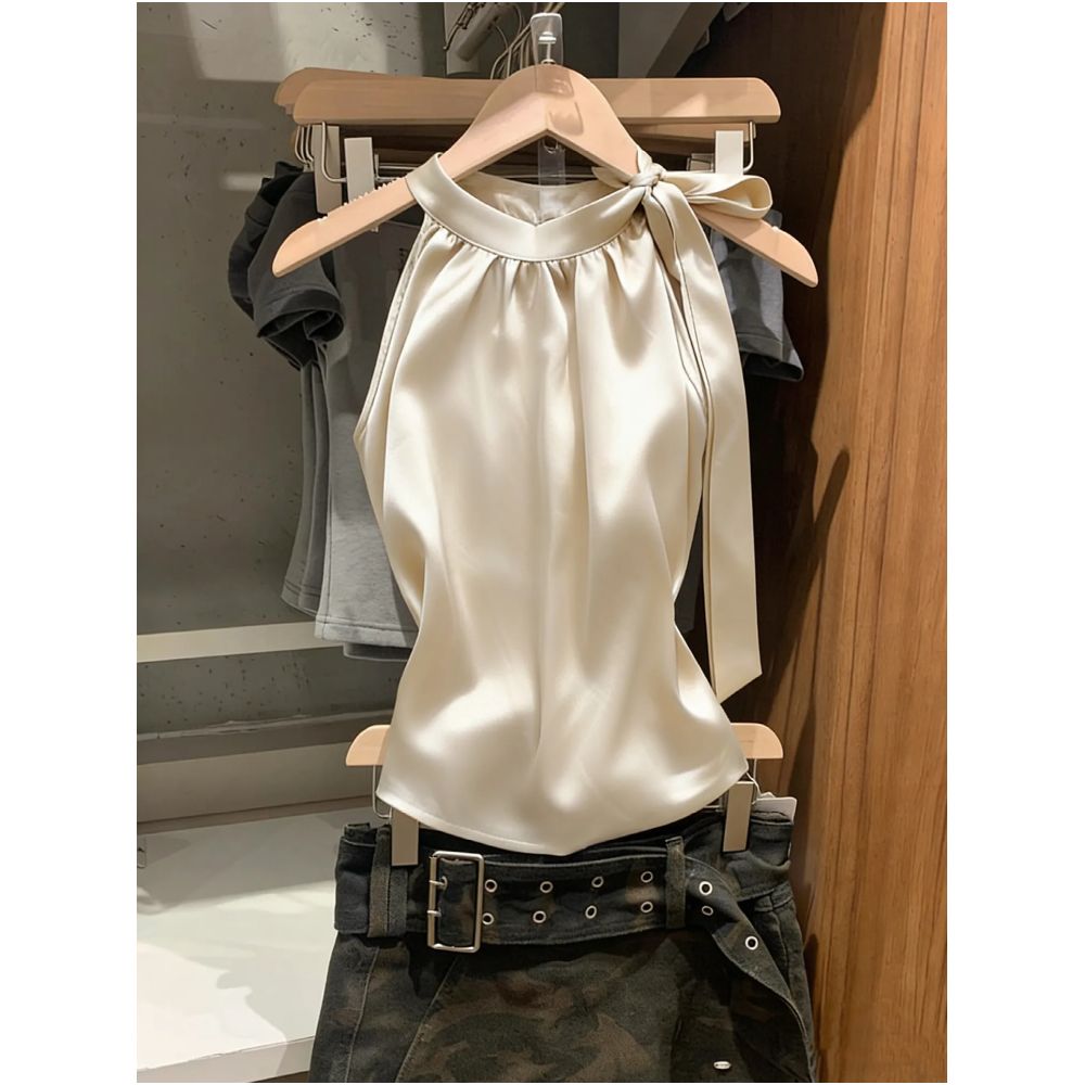 Discontinued from department stores High end designer silk halter neck vest new summer style sleeveless unique French inspired top for women image 0