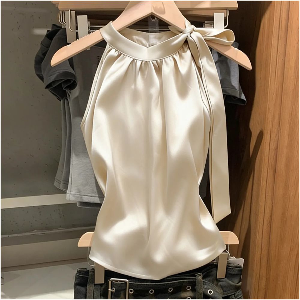 ASAYA7679 – Pearl Bow Satin Halter Top 🤍🎀