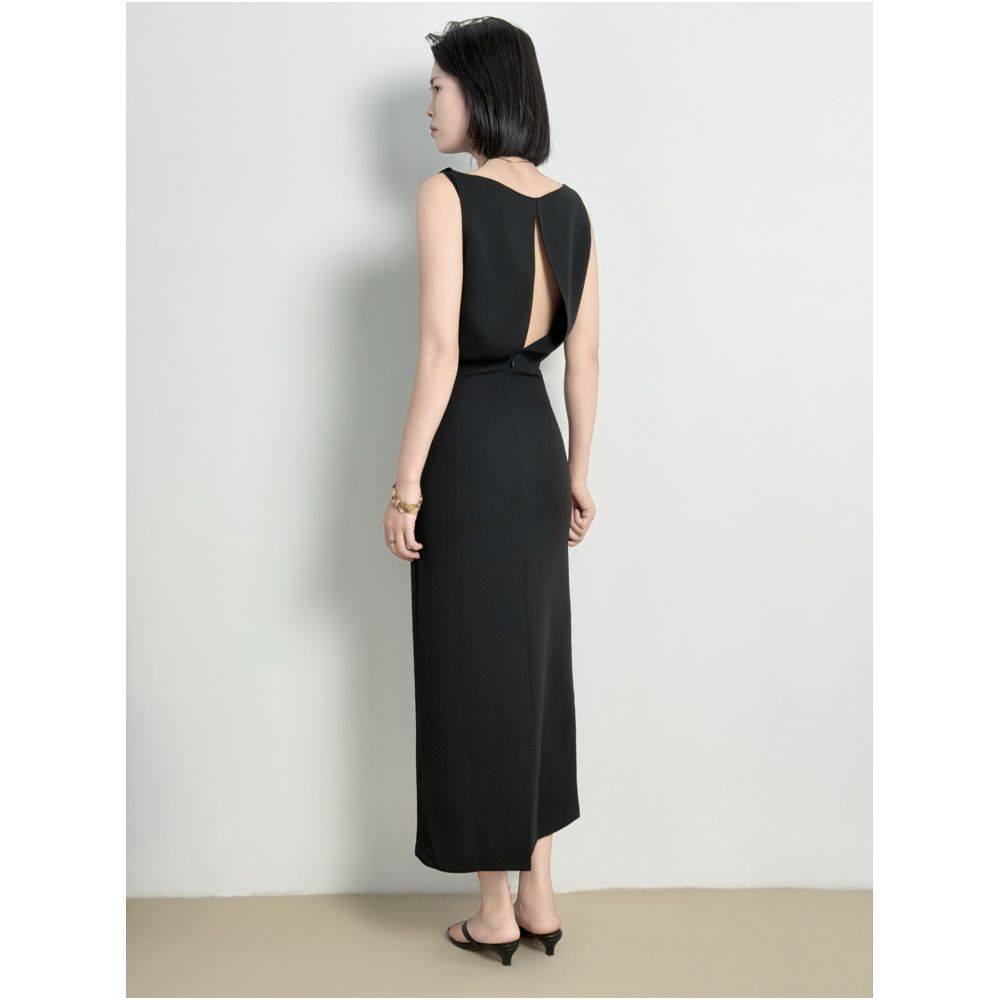 French Hepburn style black imported triacetate hollow design off shoulder slit long dress for a slimming and elegant look image 0