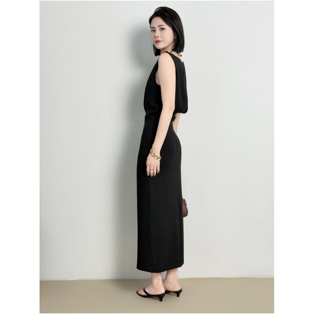French Hepburn style black imported triacetate hollow design off shoulder slit long dress for a slimming and elegant look image 1