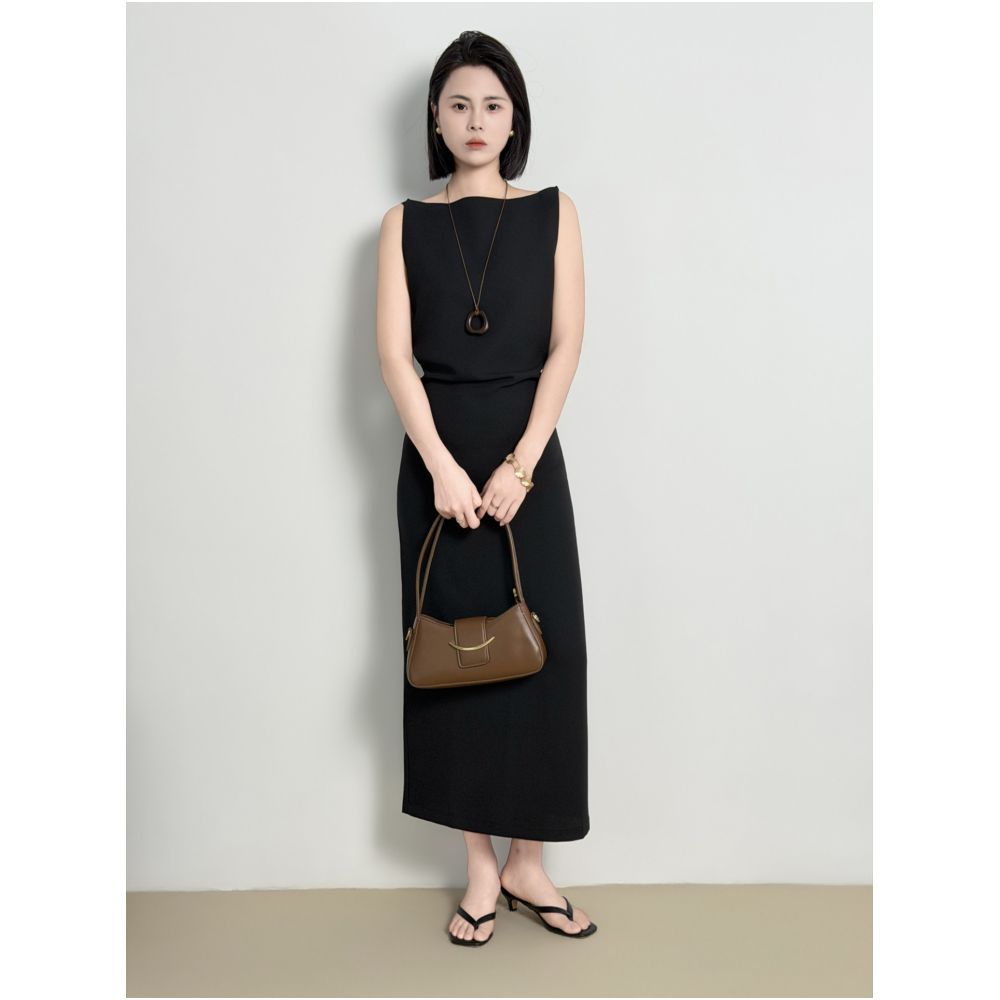 French Hepburn style black imported triacetate hollow design off shoulder slit long dress for a slimming and elegant look image 2