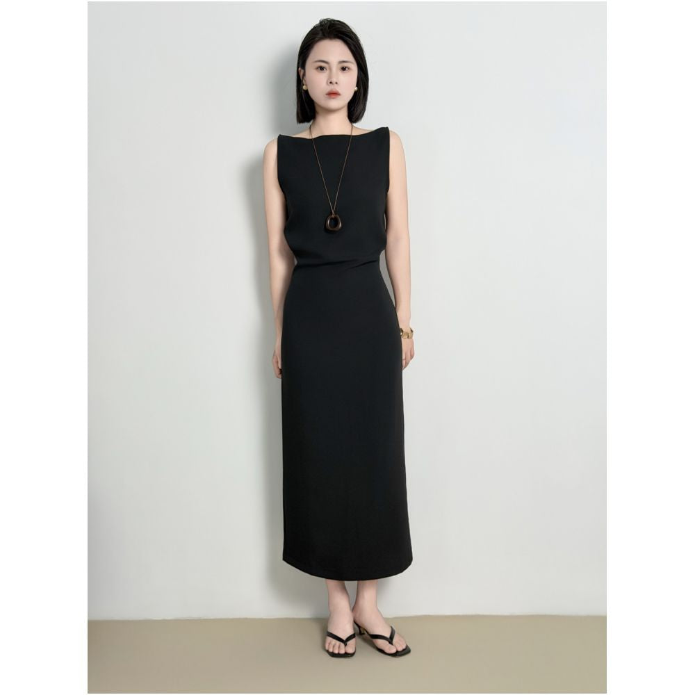French Hepburn style black imported triacetate hollow design off shoulder slit long dress for a slimming and elegant look image 3