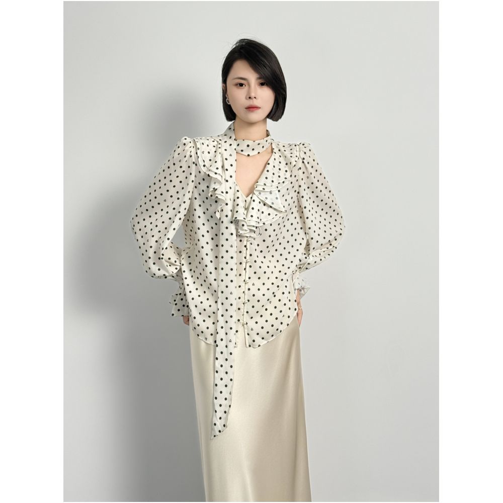2026 Early Spring New Style Simple and Elegant Bow Ribbon Ruffle Polka Dot Shirt V Neck Top Loose Fit Women s image 0