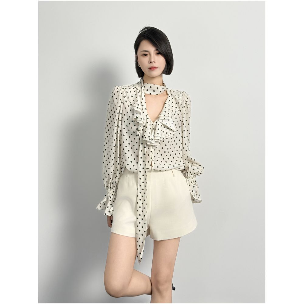 2026 Early Spring New Style Simple and Elegant Bow Ribbon Ruffle Polka Dot Shirt V Neck Top Loose Fit Women s image 1