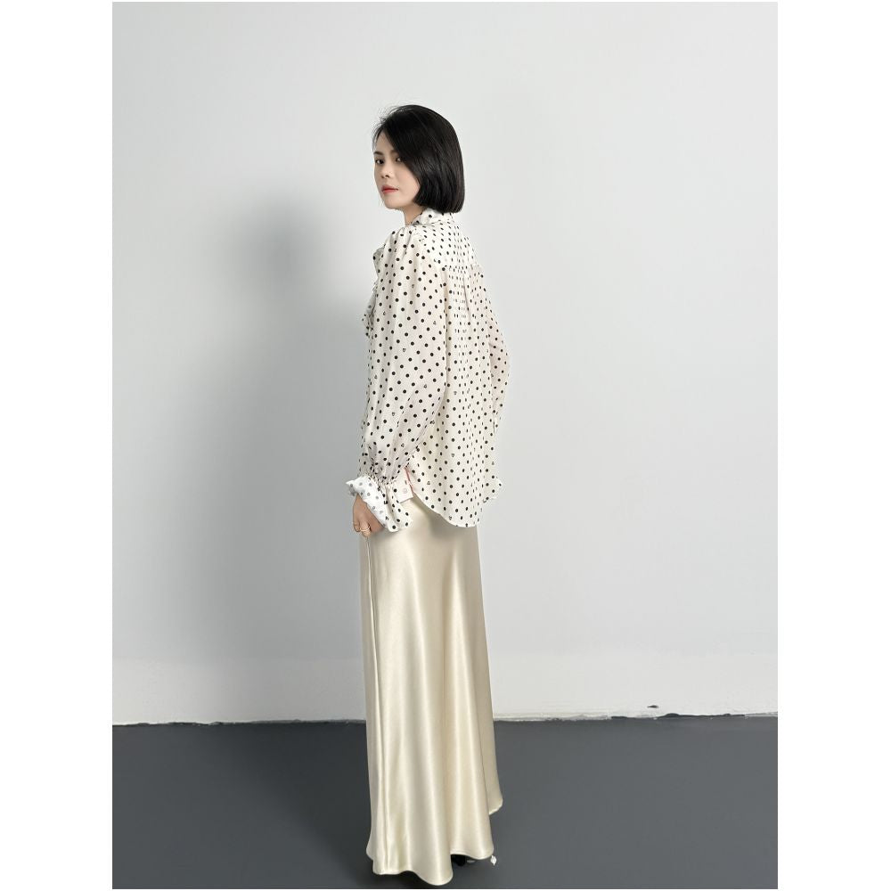 2026 Early Spring New Style Simple and Elegant Bow Ribbon Ruffle Polka Dot Shirt V Neck Top Loose Fit Women s image 3