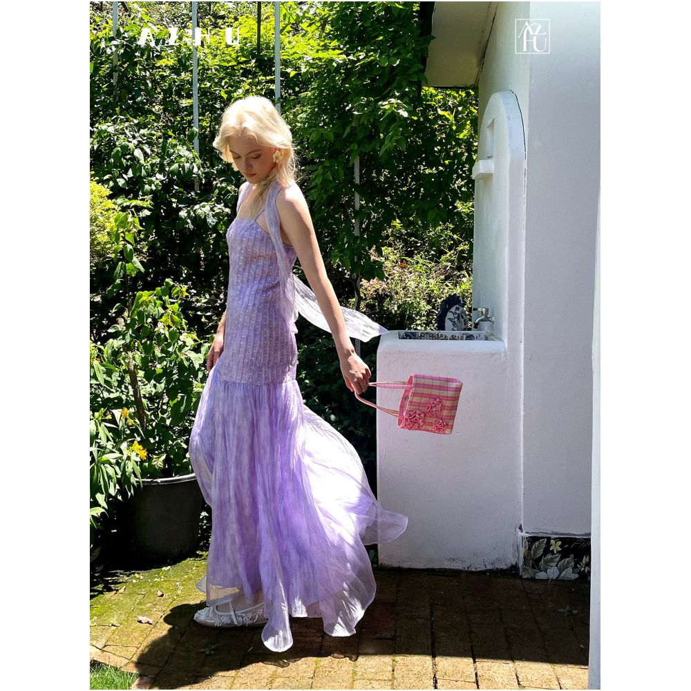 AZHU s popular romantic draped beaded mermaid dress a summer spaghetti strap maxi dress in purple image 0