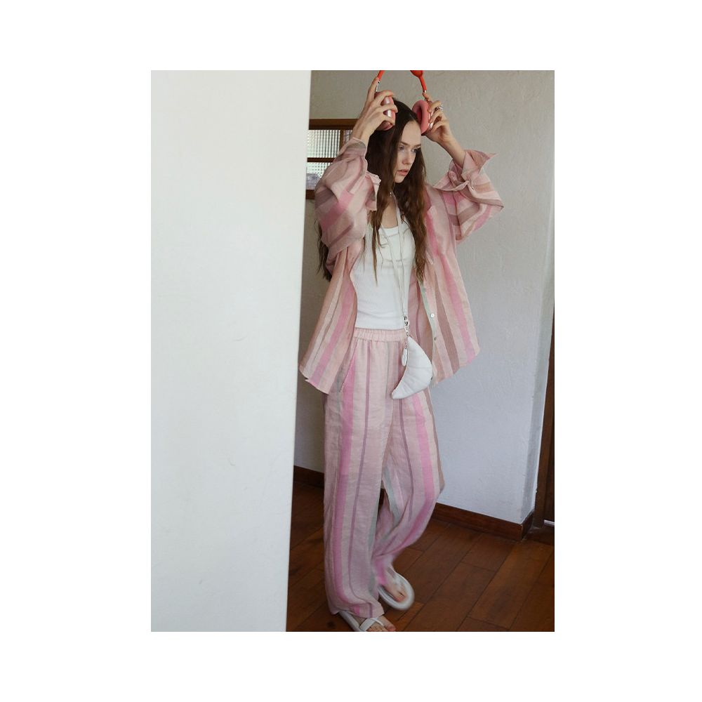Clearance Sale 40 Off No Returns or Exchanges for Non Quality Issues Pink Striped Linen Shirt and Trousers Set image 0