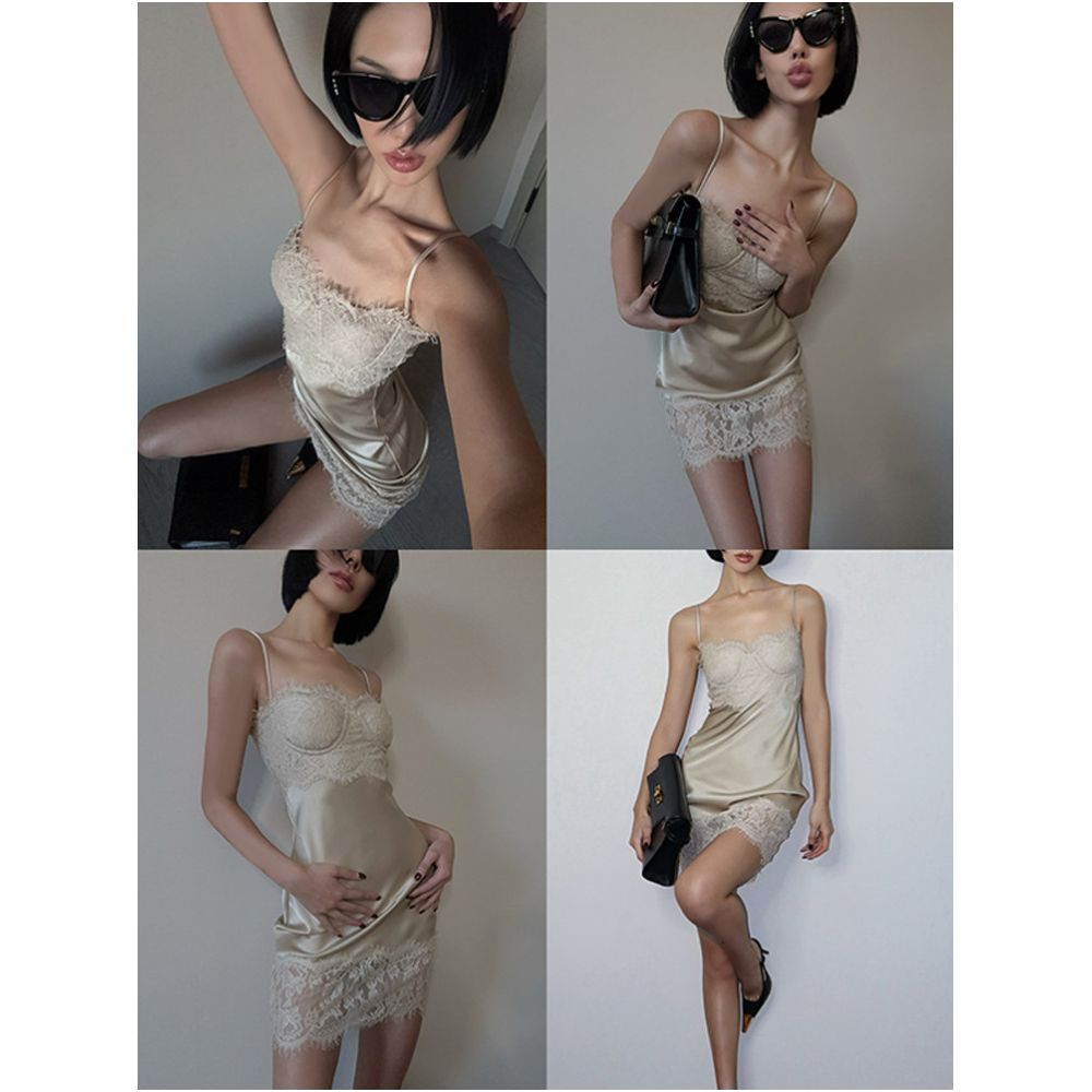 VanessaLab Poplar Champagne Rose Collection Satin Lace Trimmed Slip Dress Mini Skirt image 1