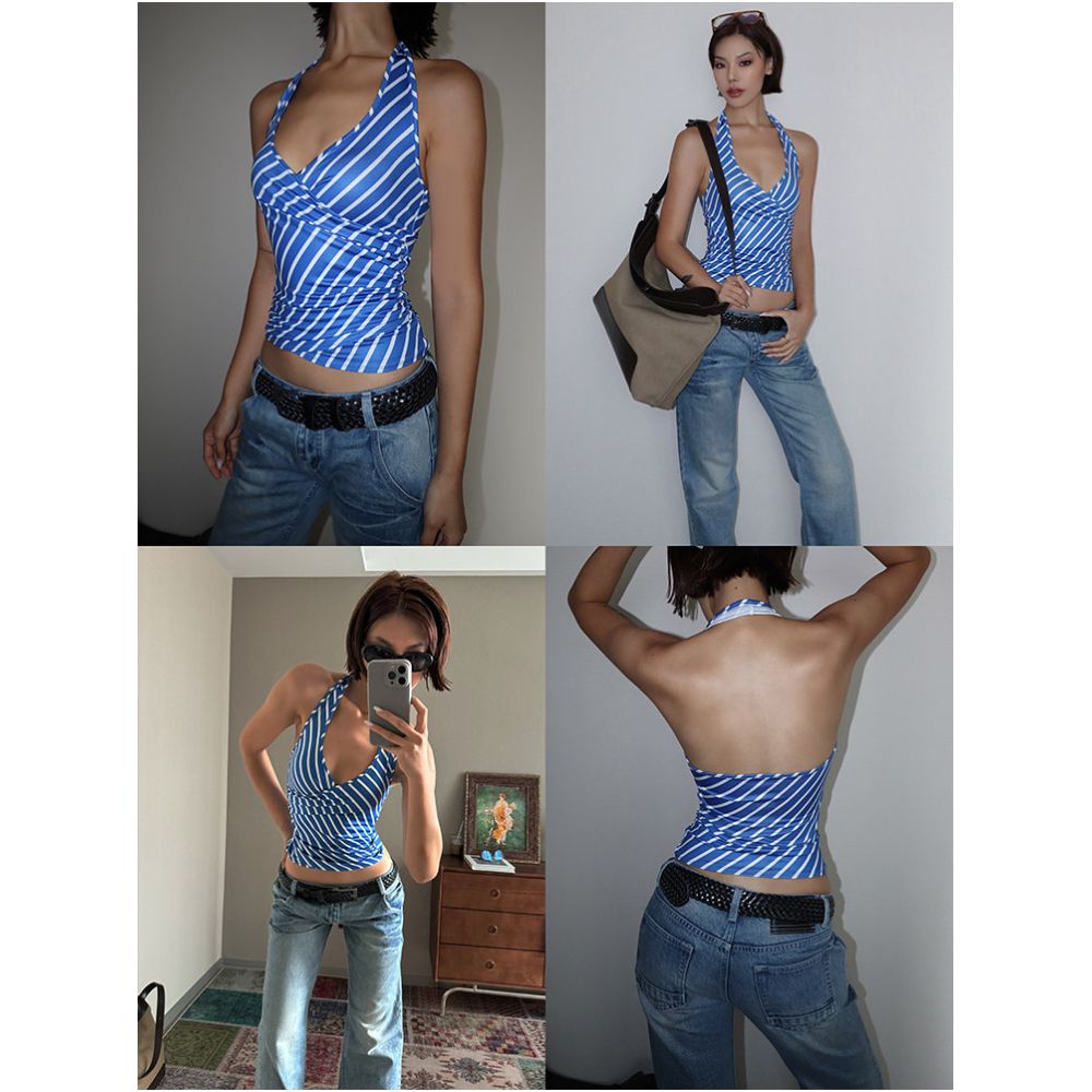 VanessaLab Resort Blue Striped Deep V Neck Halter Neck Backless Slim Fit Tank Top for Women image 3
