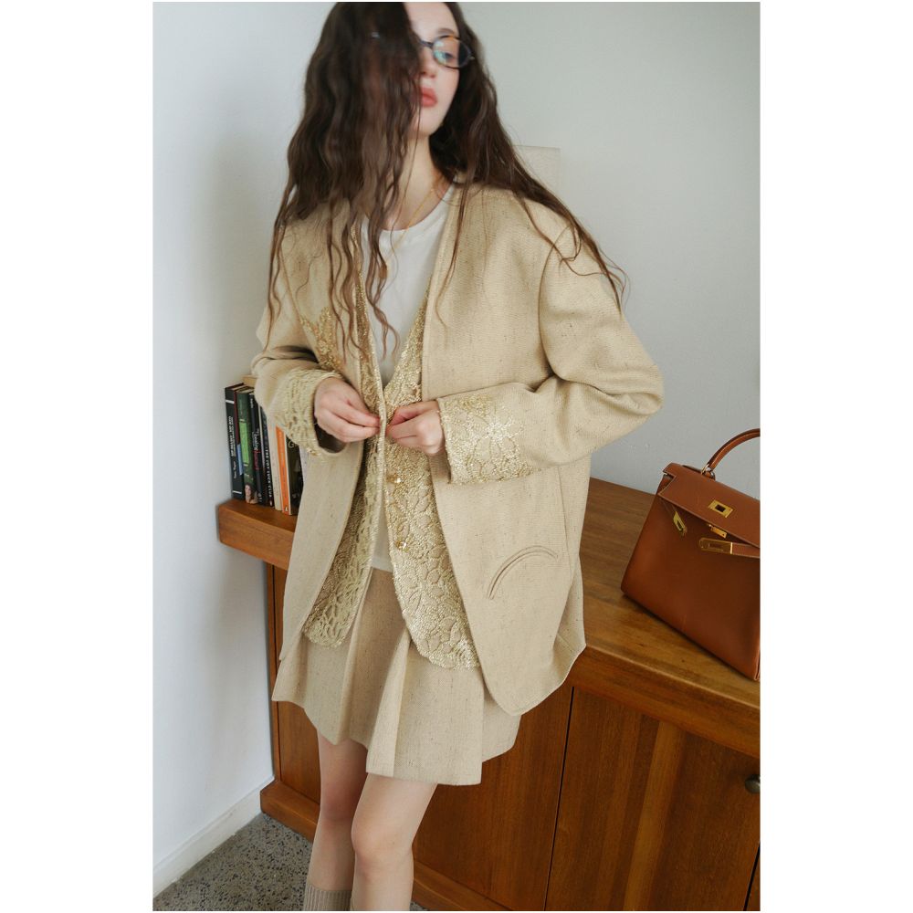 Clearance Sale 40 Off No Returns or Exchanges for Non Quality Issues Gold Thread Hollow Out Beaded Suit Jacket and Pleated Skirt Set image 0