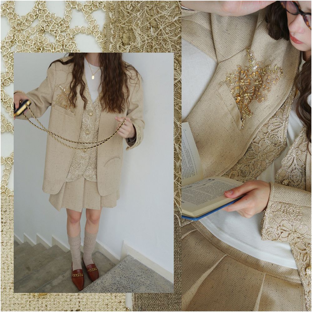 Clearance Sale 40 Off No Returns or Exchanges for Non Quality Issues Gold Thread Hollow Out Beaded Suit Jacket and Pleated Skirt Set image 2