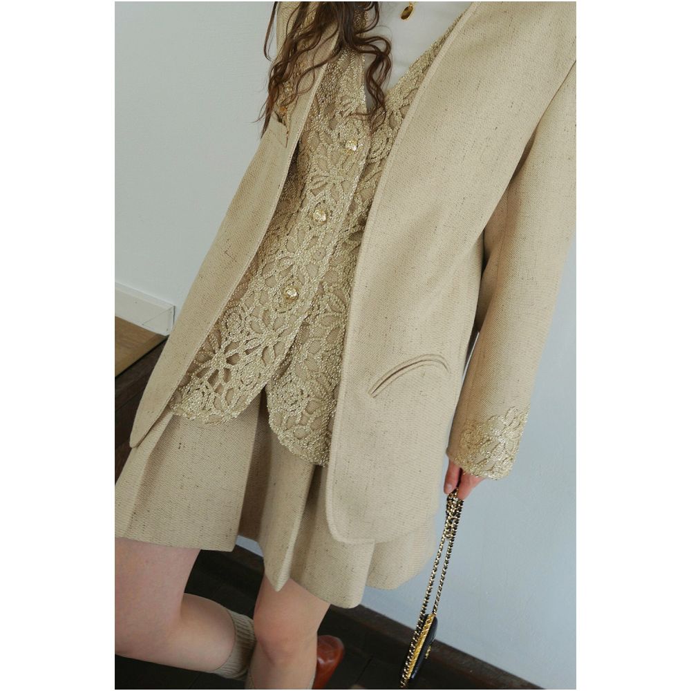 Clearance Sale 40 Off No Returns or Exchanges for Non Quality Issues Gold Thread Hollow Out Beaded Suit Jacket and Pleated Skirt Set image 3