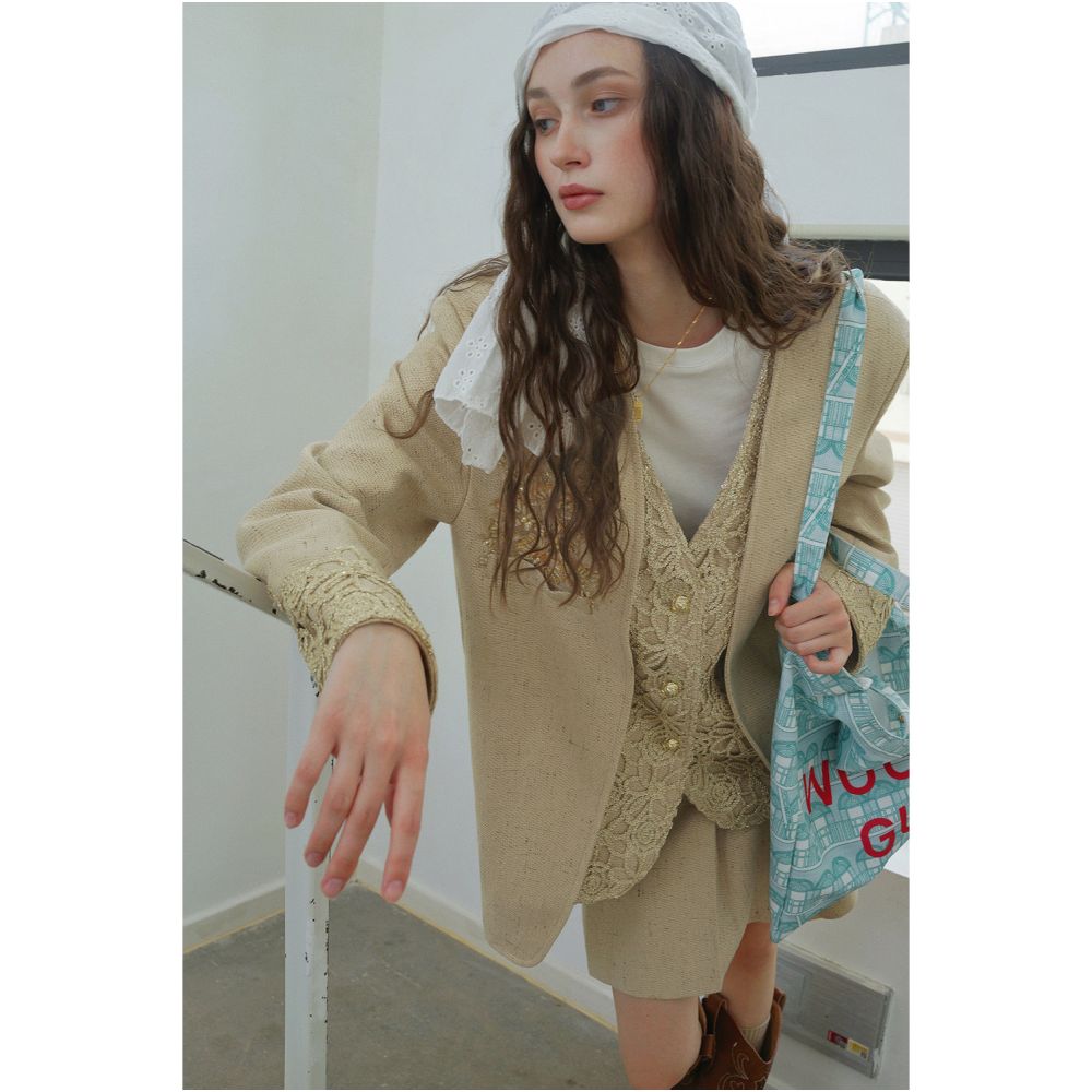 Clearance Sale 40 Off No Returns or Exchanges for Non Quality Issues Gold Thread Hollow Out Beaded Suit Jacket and Pleated Skirt Set image 4