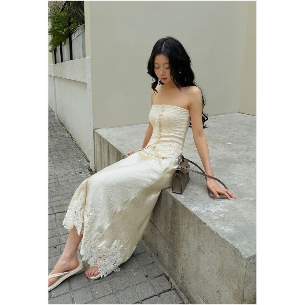 Clearance Sale 50 Off No Returns for Non Quality Issues Knitted Bandeau Top Hollow Out Floral Fishtail Skirt Two Piece Set image 2
