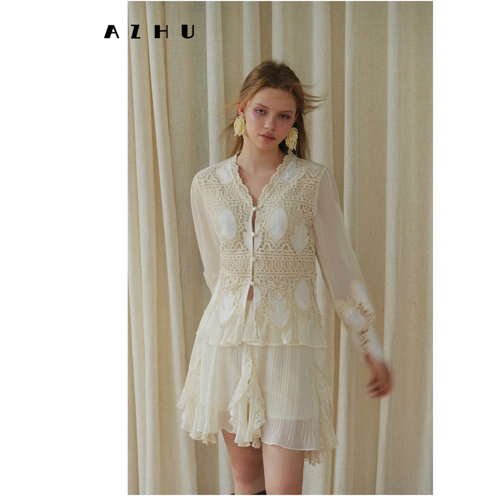 AZHU French Romantic Heavy Crochet Shirt Set for Women Early Spring Style Lively and Romantic Lace Skirt Two Piece Set image 0