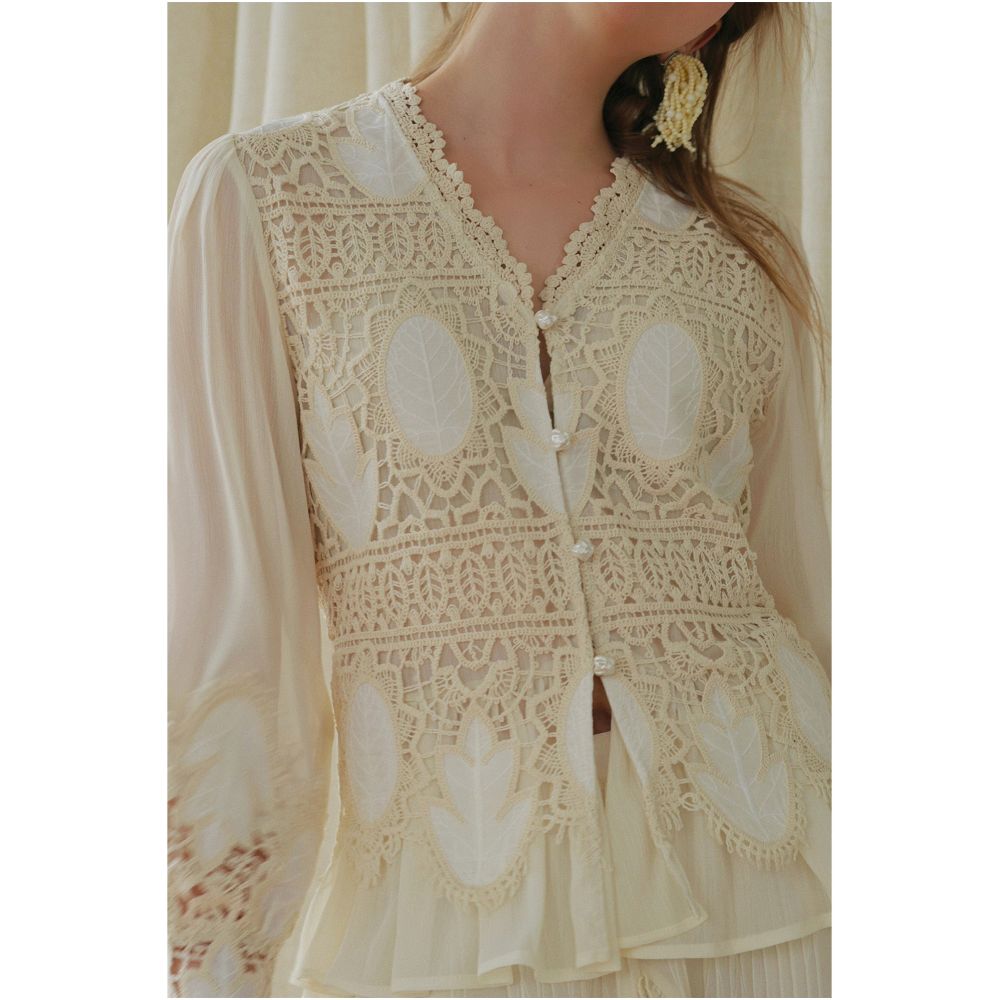 AZHU French Romantic Heavy Crochet Shirt Set for Women Early Spring Style Lively and Romantic Lace Skirt Two Piece Set image 1