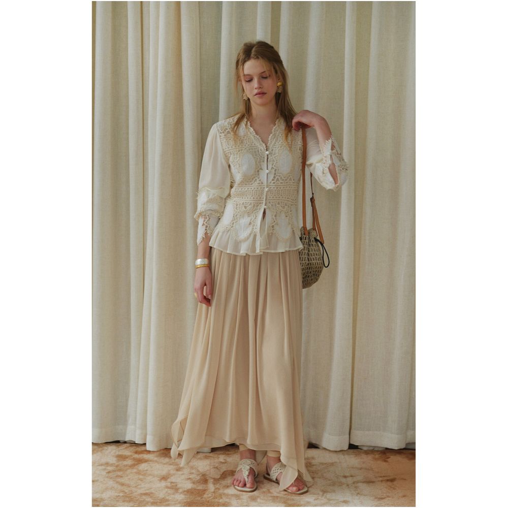 AZHU French Romantic Heavy Crochet Shirt Set for Women Early Spring Style Lively and Romantic Lace Skirt Two Piece Set image 2