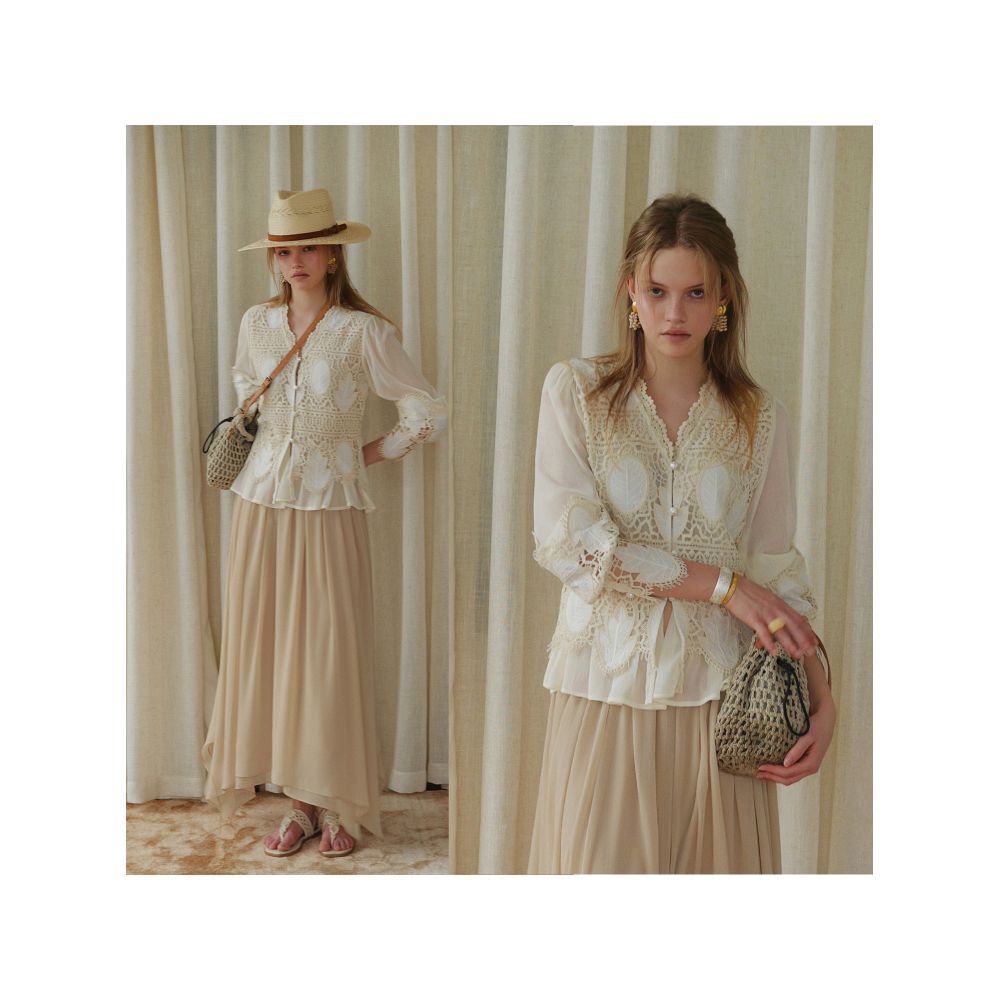 AZHU French Romantic Heavy Crochet Shirt Set for Women Early Spring Style Lively and Romantic Lace Skirt Two Piece Set image 3