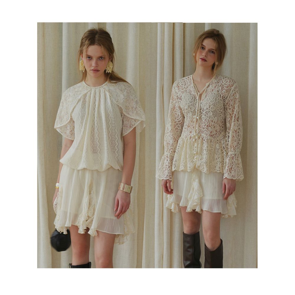 AZHU French Romantic Heavy Crochet Shirt Set for Women Early Spring Style Lively and Romantic Lace Skirt Two Piece Set image 4