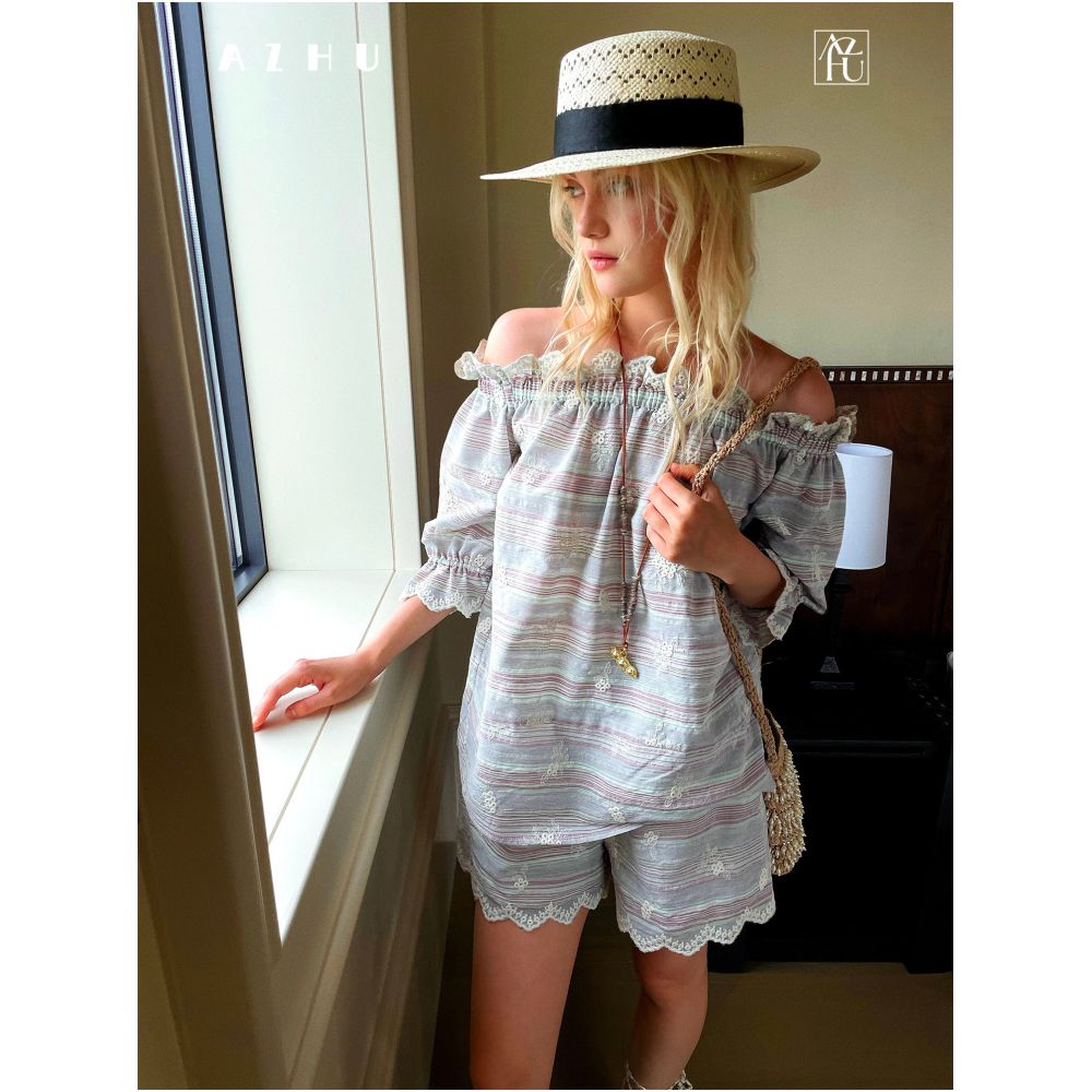 AZHU Natural Cotton Soft Embroidery Off Shoulder Shirt Set Summer Short Sleeve Shorts Two Piece Set image 0