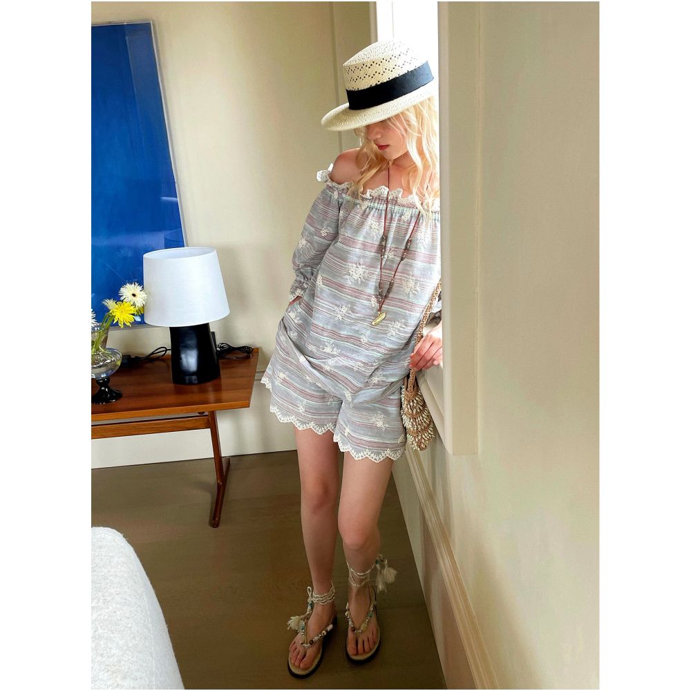 AZHU Natural Cotton Soft Embroidery Off Shoulder Shirt Set Summer Short Sleeve Shorts Two Piece Set image 3