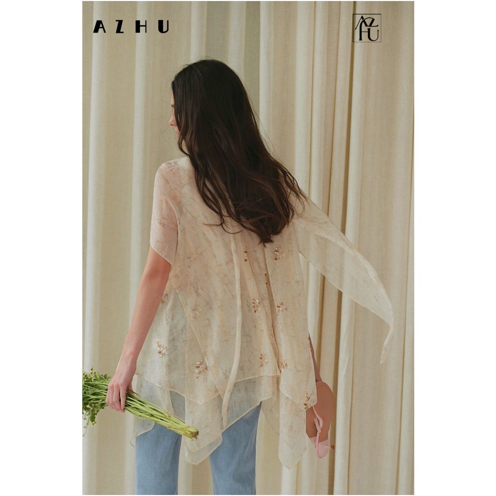AZHU Embroidered Nebula Yarn Ribbon Shirt Top Women s Summer New Style Slightly Sheer Loose Fit Irregular Top image 0