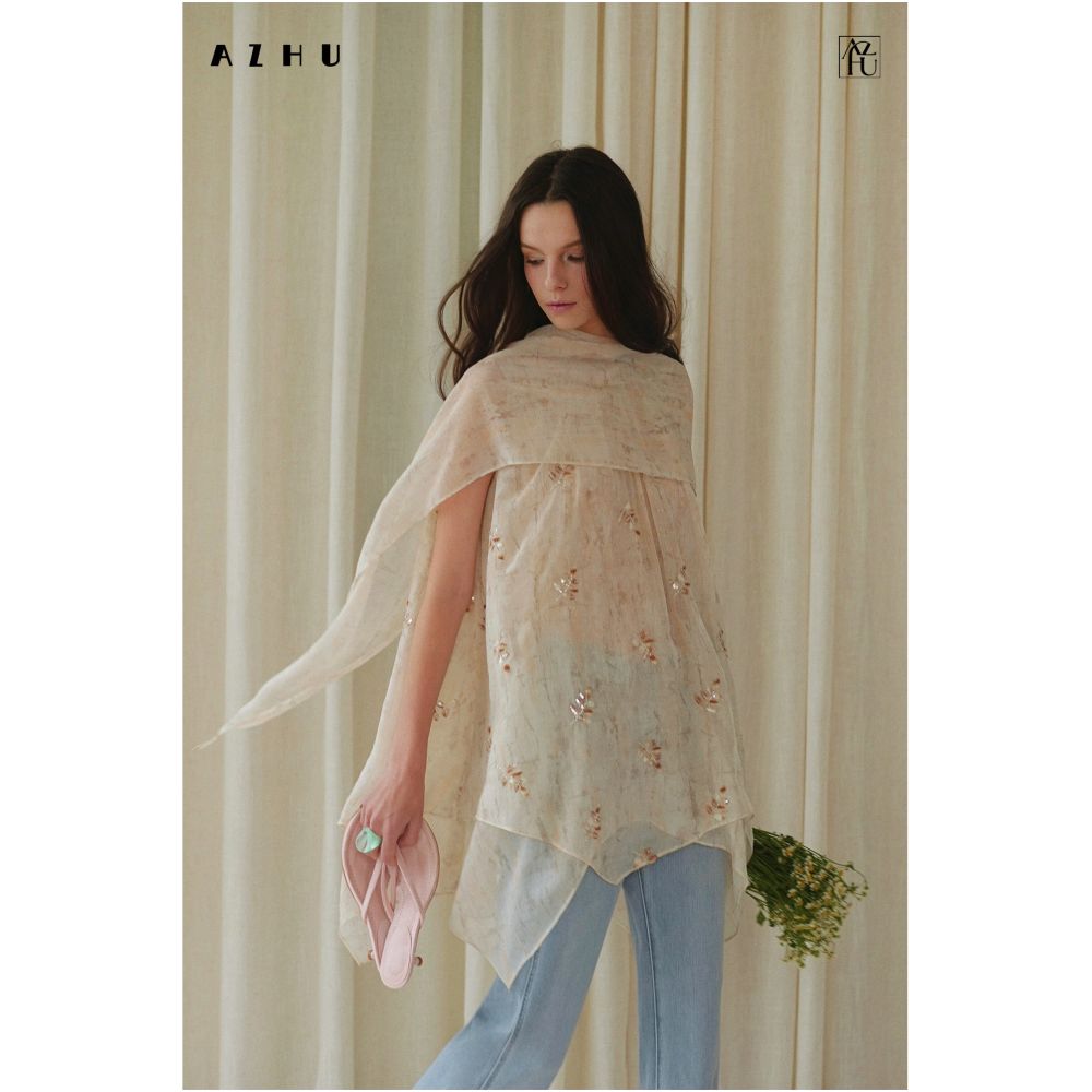 AZHU Embroidered Nebula Yarn Ribbon Shirt Top Women s Summer New Style Slightly Sheer Loose Fit Irregular Top image 1