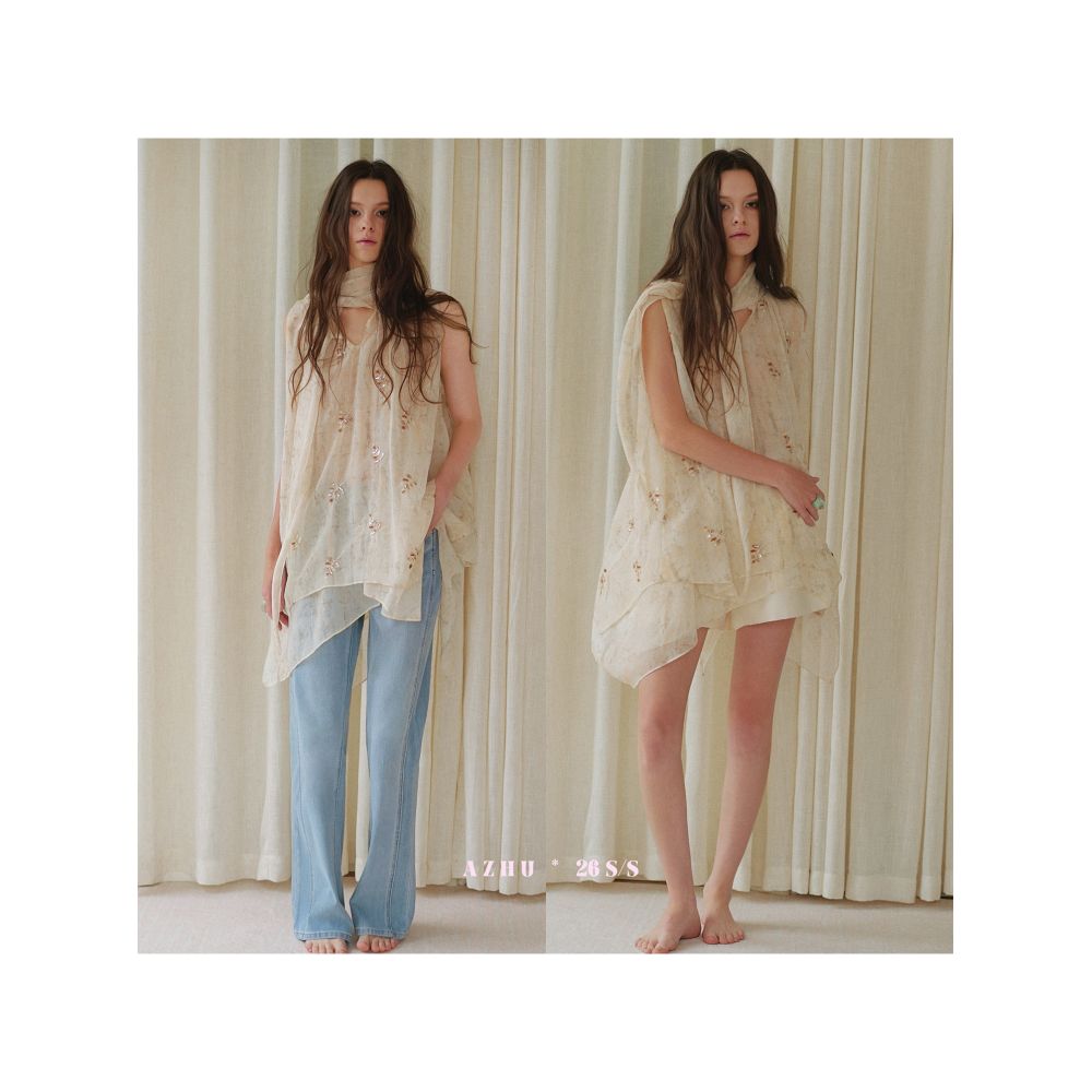 AZHU Embroidered Nebula Yarn Ribbon Shirt Top Women s Summer New Style Slightly Sheer Loose Fit Irregular Top image 2