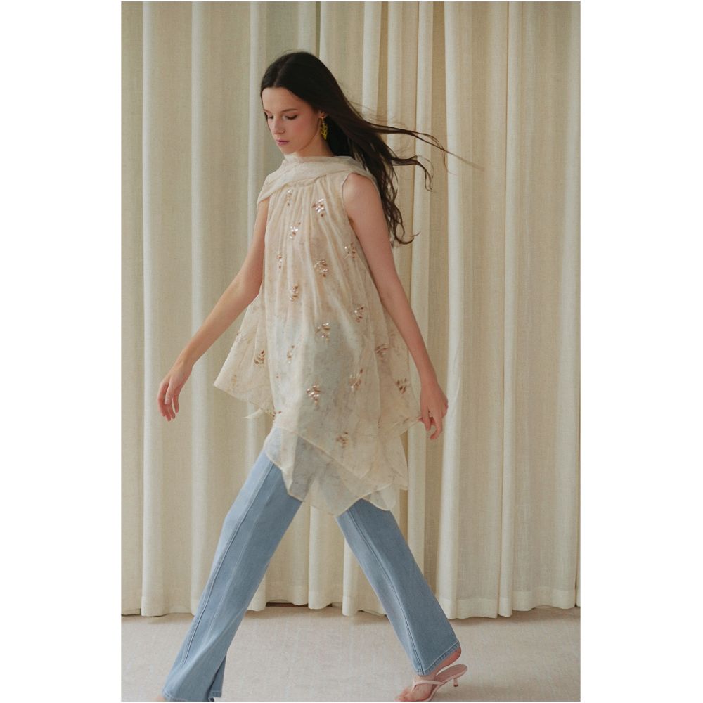 AZHU Embroidered Nebula Yarn Ribbon Shirt Top Women s Summer New Style Slightly Sheer Loose Fit Irregular Top image 3