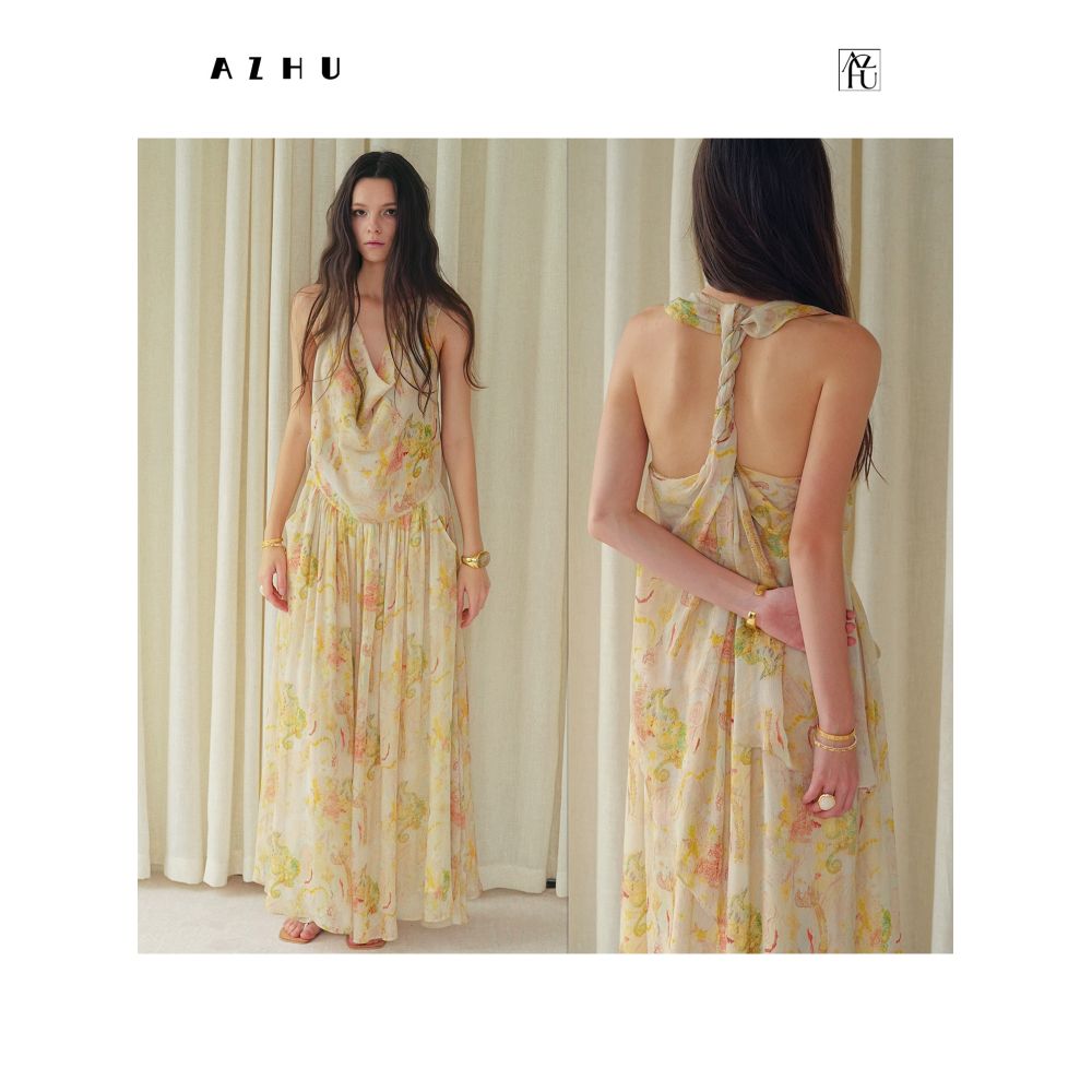 AZHU French style elegant long dress for women summer style halter neck with a large print and knotted design image 0