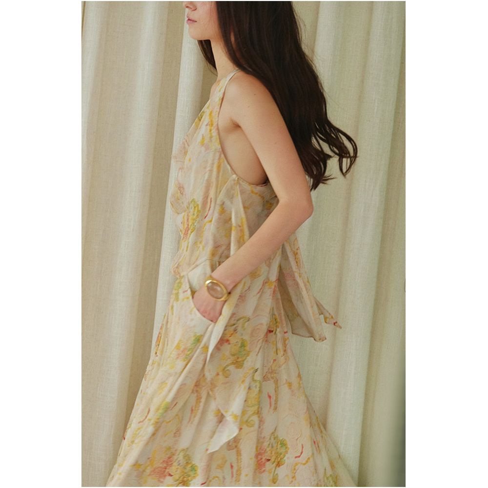 AZHU French style elegant long dress for women summer style halter neck with a large print and knotted design image 1