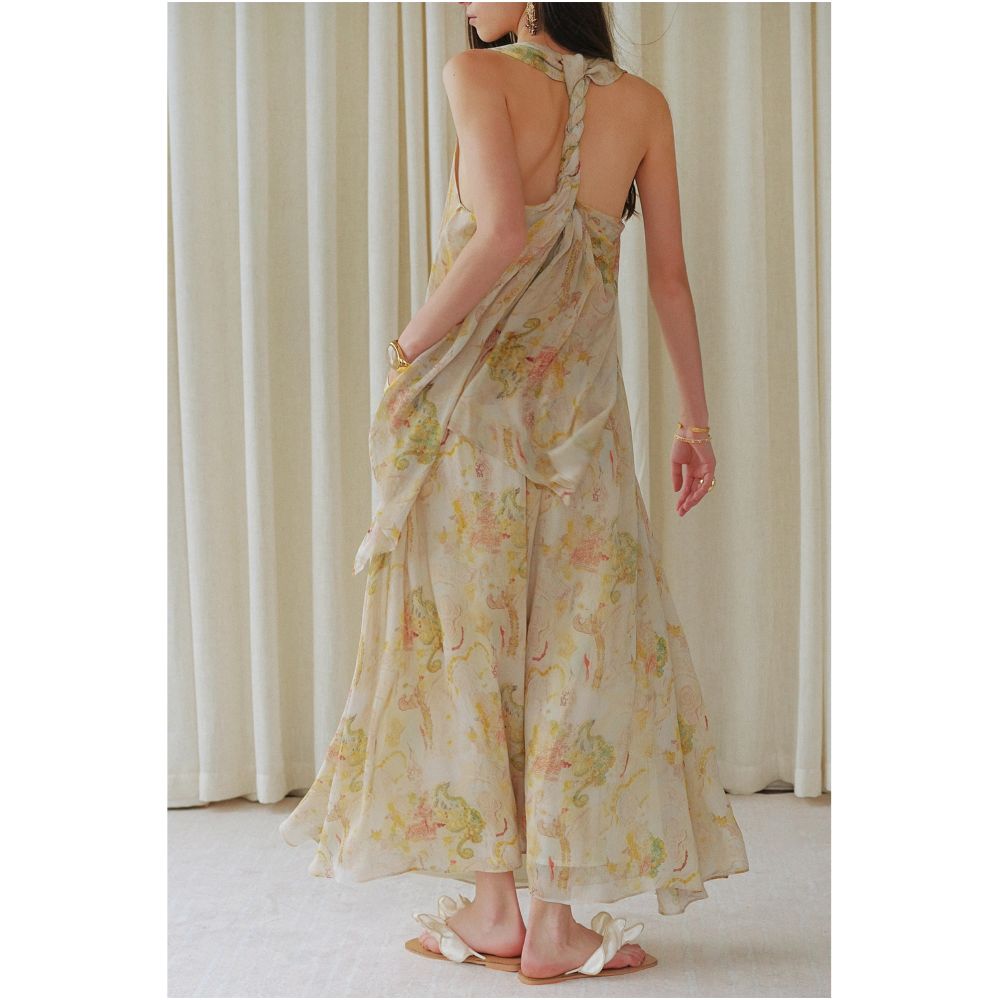 AZHU French style elegant long dress for women summer style halter neck with a large print and knotted design image 3