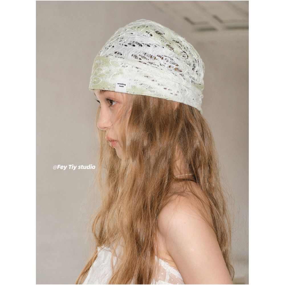 feytiy Green Grape Lace Niche Design Headband Hat Stylish Versatile Breathable Thin Summer Beanie image 1