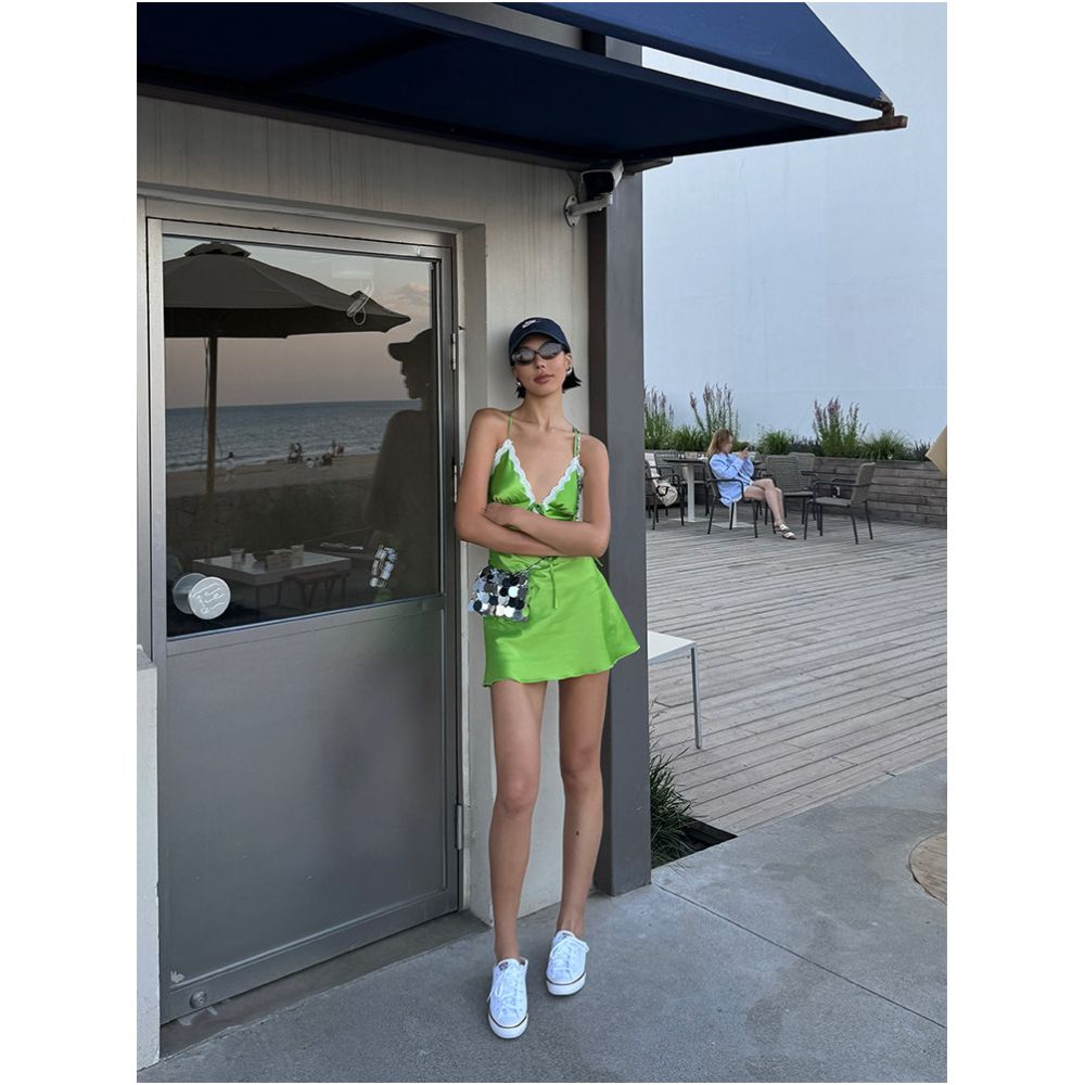 VanessaLab Summer Green Satin Lace Dress for Women Summer Design Backless Tie Waist Mini Skirt image 0