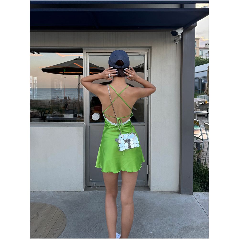 VanessaLab Summer Green Satin Lace Dress for Women Summer Design Backless Tie Waist Mini Skirt image 4
