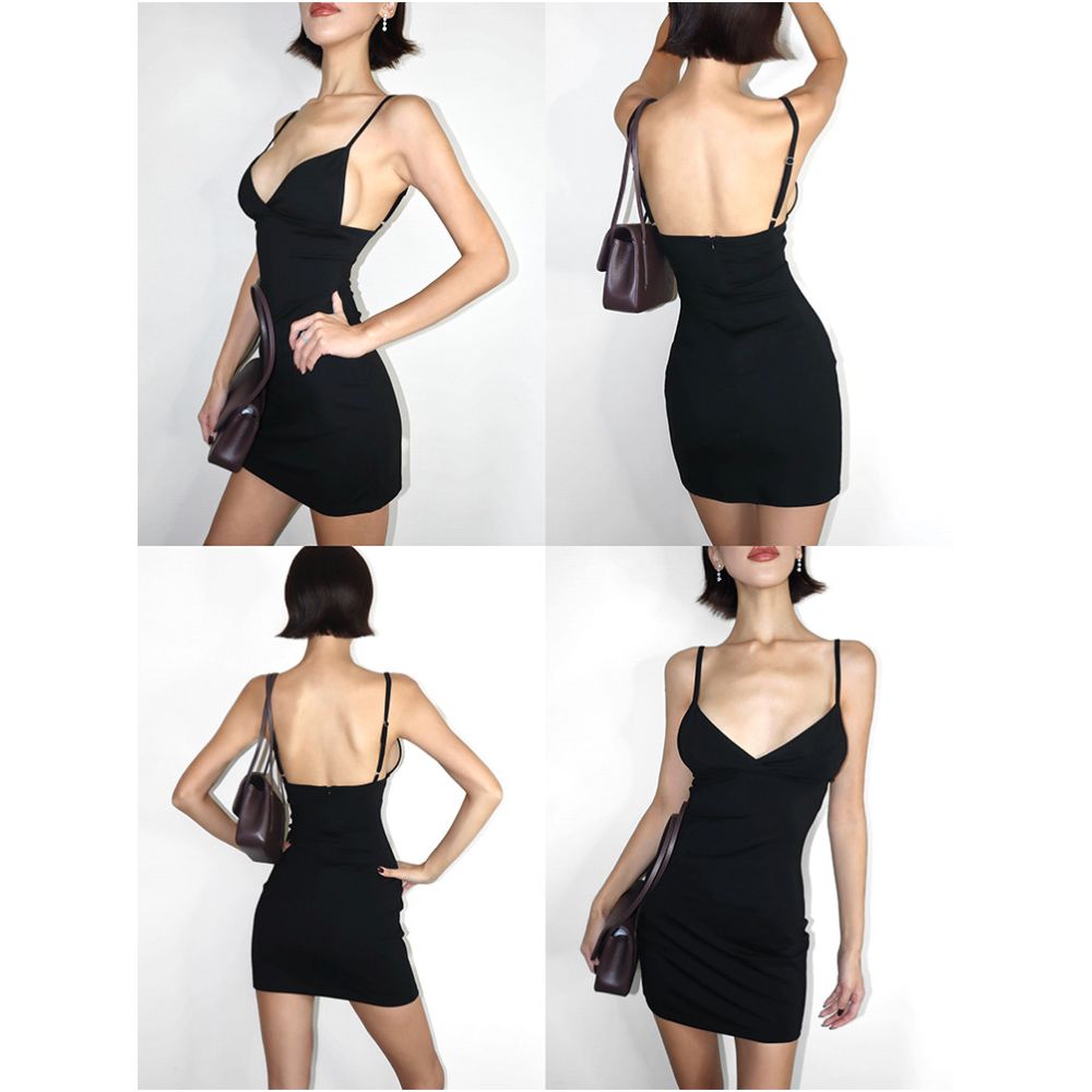 VanessaLab Black Spaghetti Strap Dress for Women Summer V neck Slim Fit Bodycon Skirt American Hot Girl Mini Skirt image 4