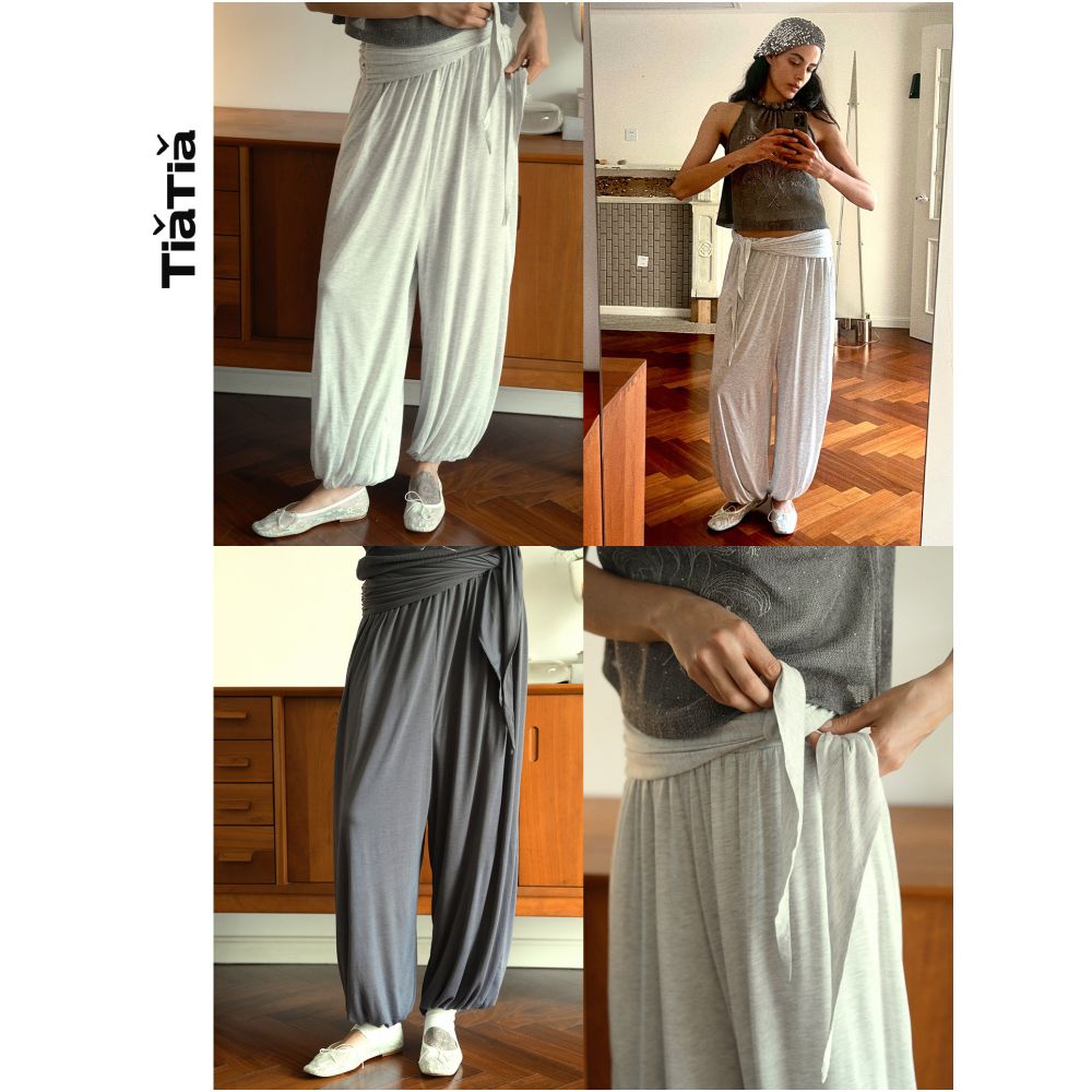 TiaTia 2026 Spring Summer New Arrival Airy Relaxed Gray Navy Blue Stretch Lantern Pants image 0