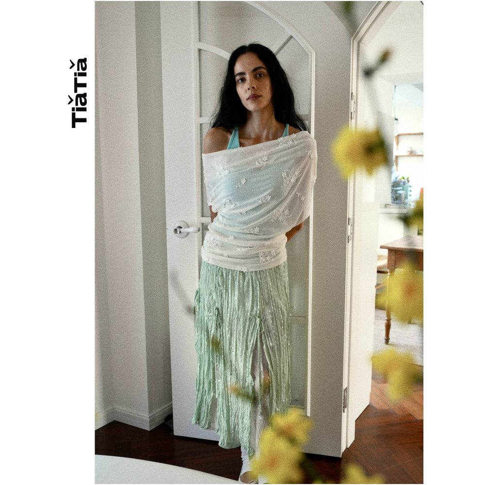 TiaTia s Spring Summer 2026 New Arrival Two Piece Set Drop Shoulder Elastic Mesh Mint Inner Layer with Irregular Off Shoulder T Shirt image 0