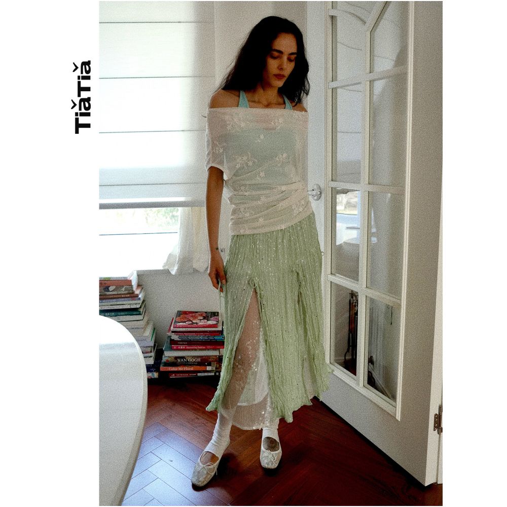 TiaTia s Spring Summer 2026 New Arrival Two Piece Set Drop Shoulder Elastic Mesh Mint Inner Layer with Irregular Off Shoulder T Shirt image 1