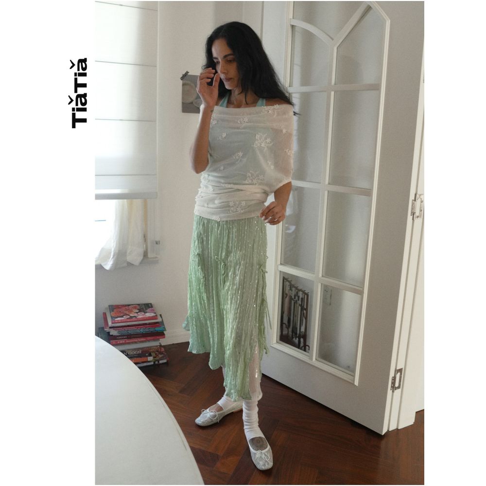 TiaTia s Spring Summer 2026 New Arrival Two Piece Set Drop Shoulder Elastic Mesh Mint Inner Layer with Irregular Off Shoulder T Shirt image 2