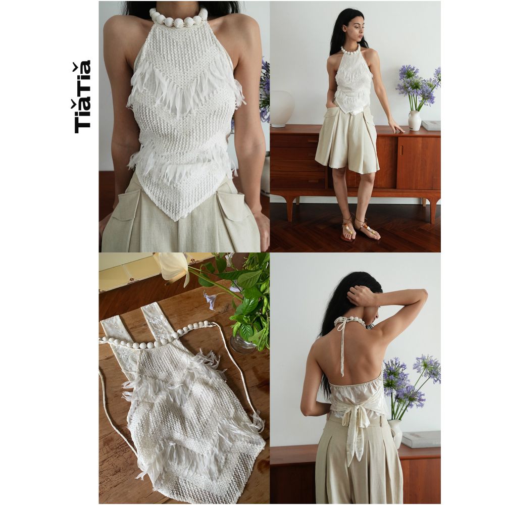 TiaTia s New Summer Arrival Heavy duty Tassel Textured Ball Necklace Decoration Two Piece Halter Vest Set Anti exposure image 0