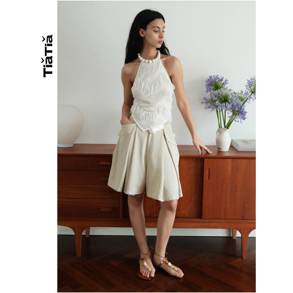 TiaTia s New Summer Arrival Heavy duty Tassel Textured Ball Necklace Decoration Two Piece Halter Vest Set Anti exposure image 1