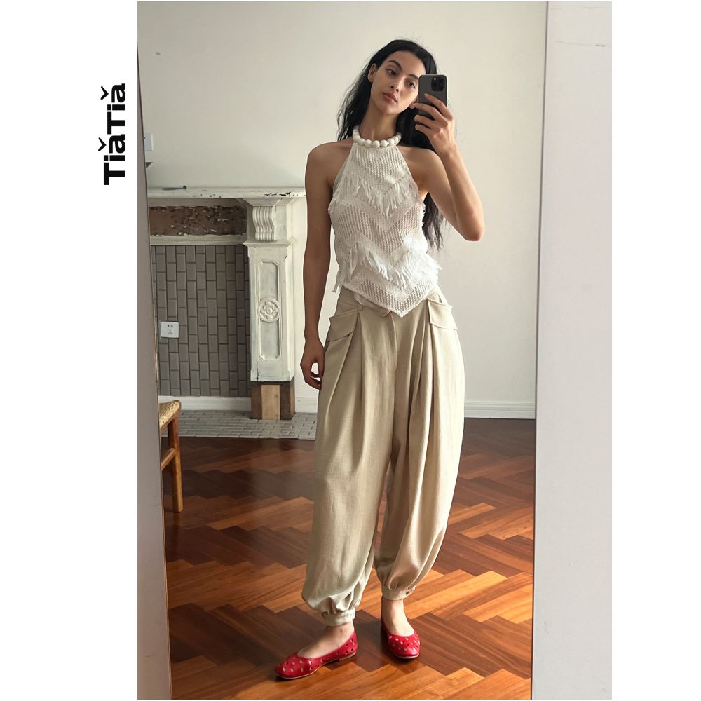 TiaTia s New Summer Arrival Heavy duty Tassel Textured Ball Necklace Decoration Two Piece Halter Vest Set Anti exposure image 3