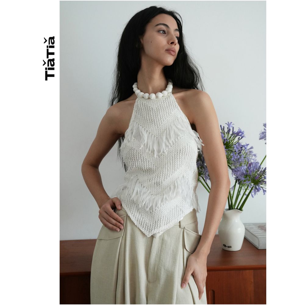 TiaTia s New Summer Arrival Heavy duty Tassel Textured Ball Necklace Decoration Two Piece Halter Vest Set Anti exposure image 4