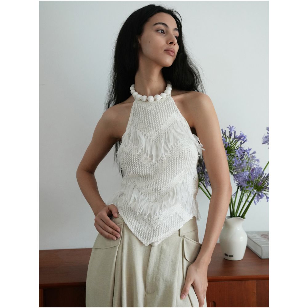 ASAYA7734 – Ivory Fringe Halter Top 🤍✨