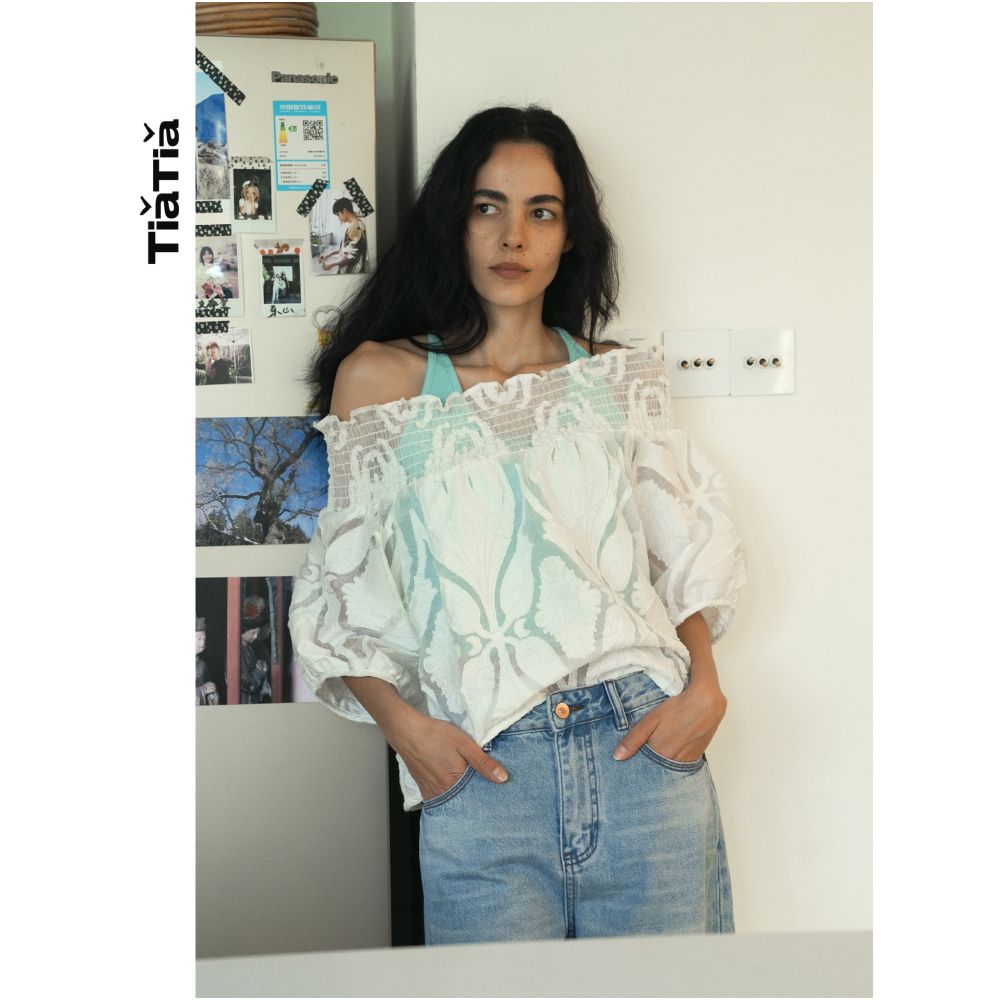 TiaTia 2026 Spring Summer New Arrival Mint Vest Hollow Out Elastic Drop Shoulder Two Piece Set image 1