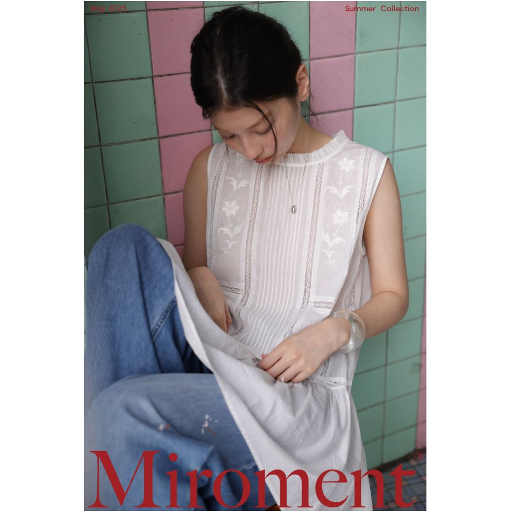 Miroment delicate embroidered lightweight blouse stand collar sleeveless multiple images available in black and white image 0