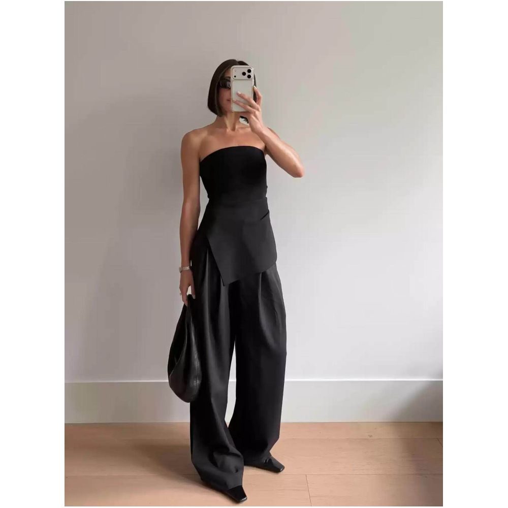 Dissing the same old fashioned retro European and American style asymmetrical side pleats slim waist slit strapless top image 0