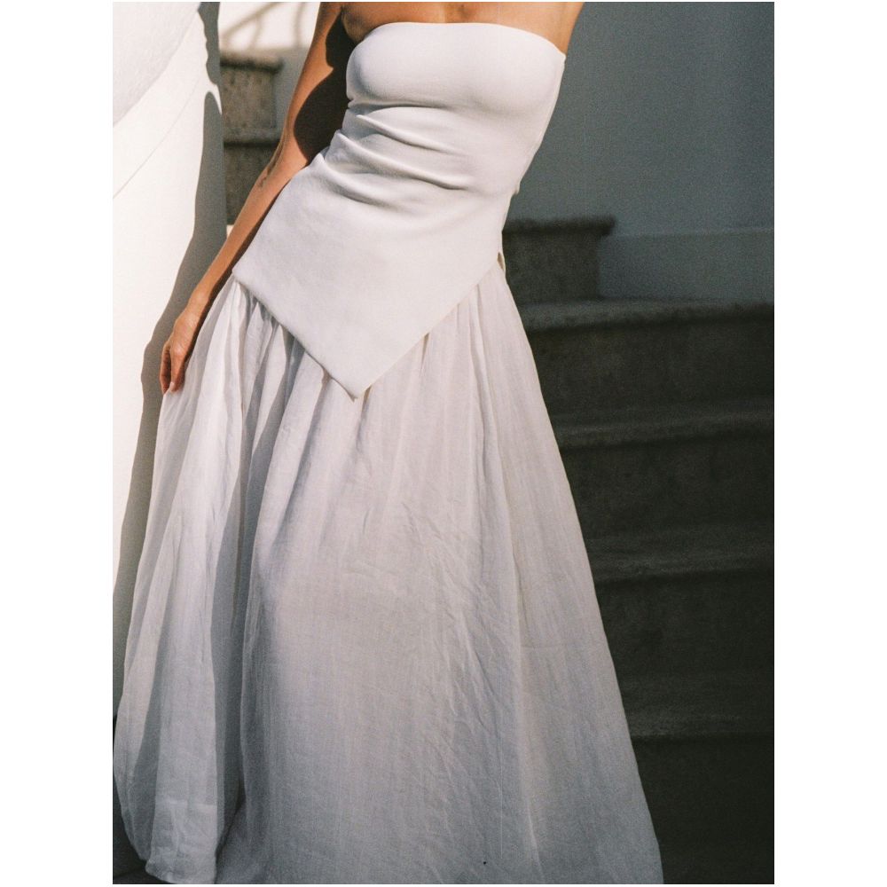 Dissing the same old fashioned retro European and American style asymmetrical side pleats slim waist slit strapless top image 2
