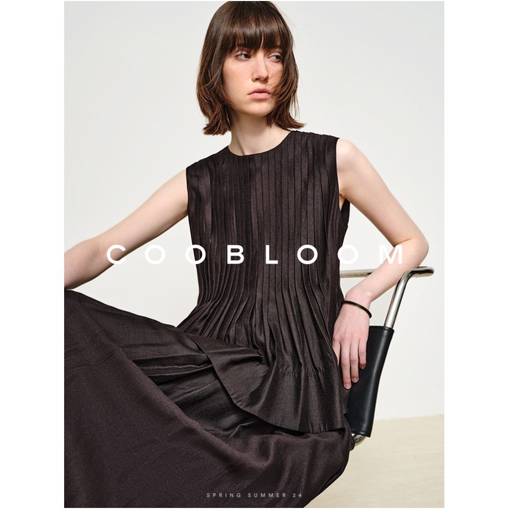 COOBLOOM Women s Midi Skirt 2026 New Set Irregular Pleated Round Neck Vest Top Skirt for Summer image 2